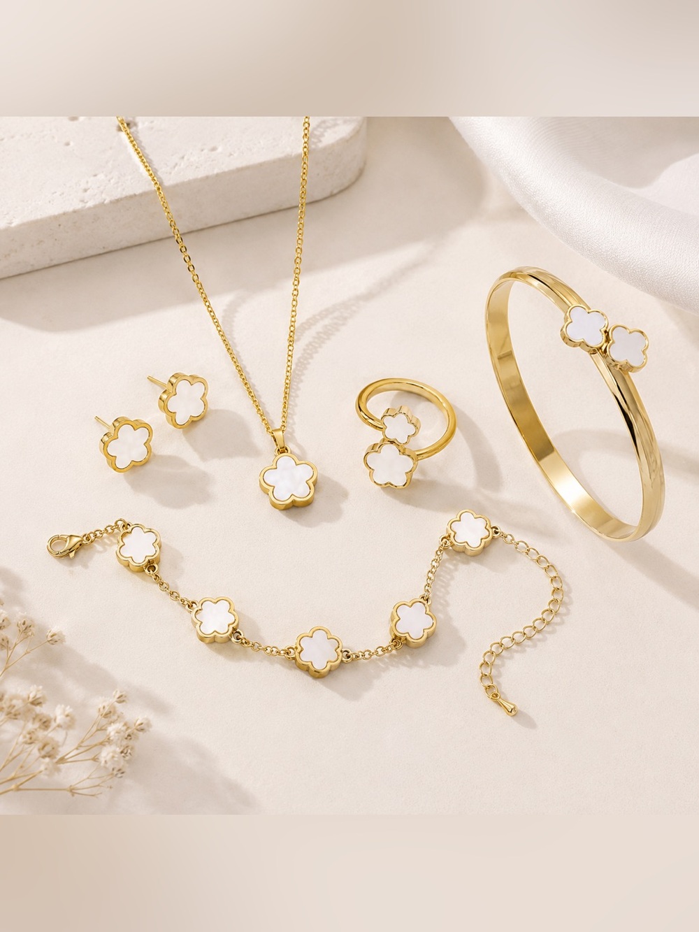 White Clover Inspired Jewelry Set Necklace Bracelet Ring Earrings Gold Tone